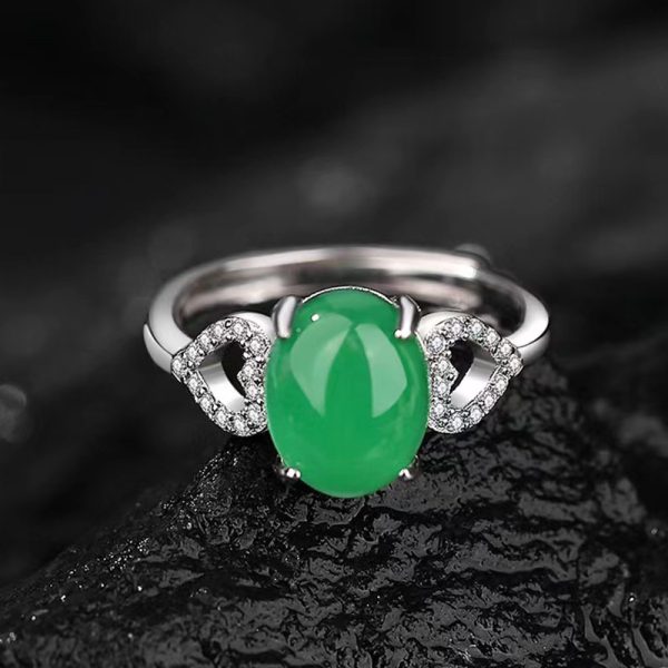 Lovalry Sterling Silver Real Jade Engagement Ring with Diamonds - Image 2