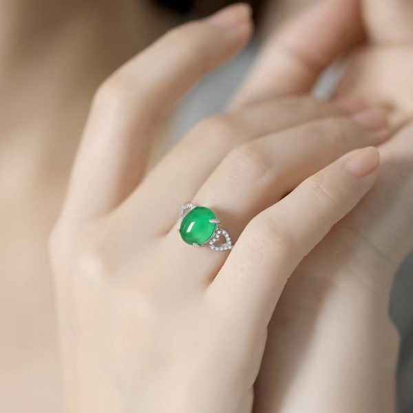 Lovalry Sterling Silver Real Jade Engagement Ring with Diamonds - Image 5