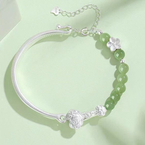 Semicircle Pure 999 Silver Jade Bead Lucky Jade Bangle - Image 3