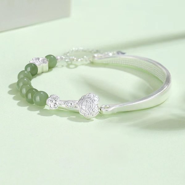 Semicircle Pure 999 Silver Jade Bead Lucky Jade Bangle - Image 2