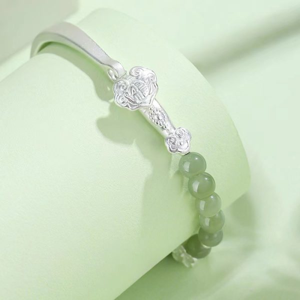 Semicircle Pure 999 Silver Jade Bead Lucky Jade Bangle - Image 4