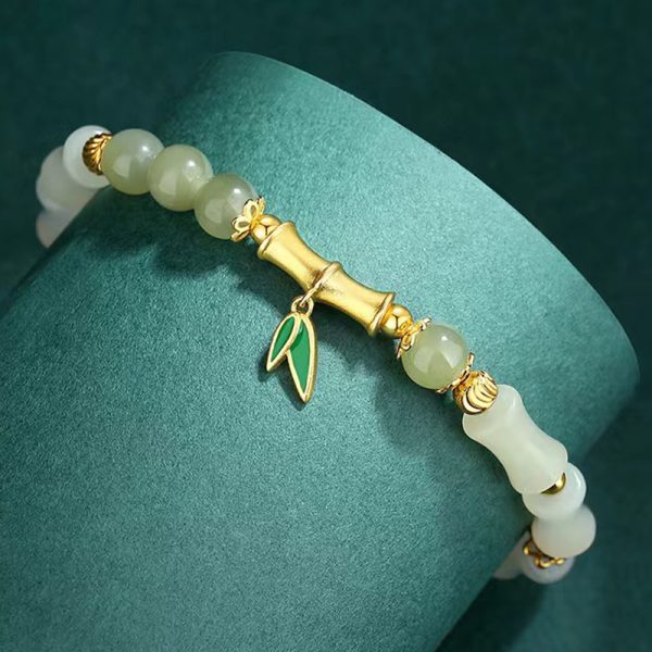 Bamboo Shaped Bead Real Jade Bead Bracelet Lucky Wish - Image 2