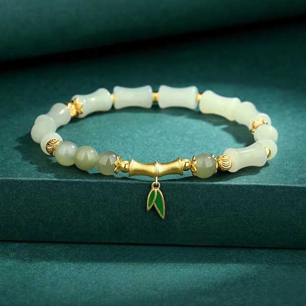 Bamboo Shaped Bead Real Jade Bead Bracelet Lucky Wish - Image 3