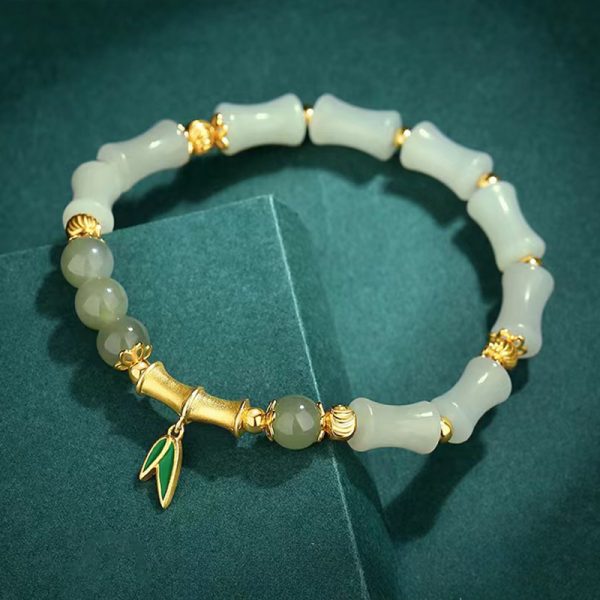 Bamboo Shaped Bead Real Jade Bead Bracelet Lucky Wish - Image 4