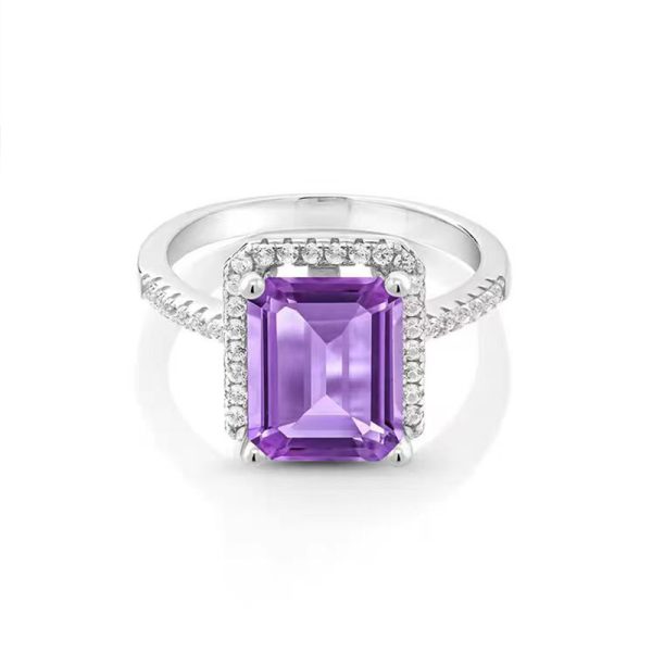 Emerald-Cut Three Stone Amethyst Rings Amethyst - Image 2