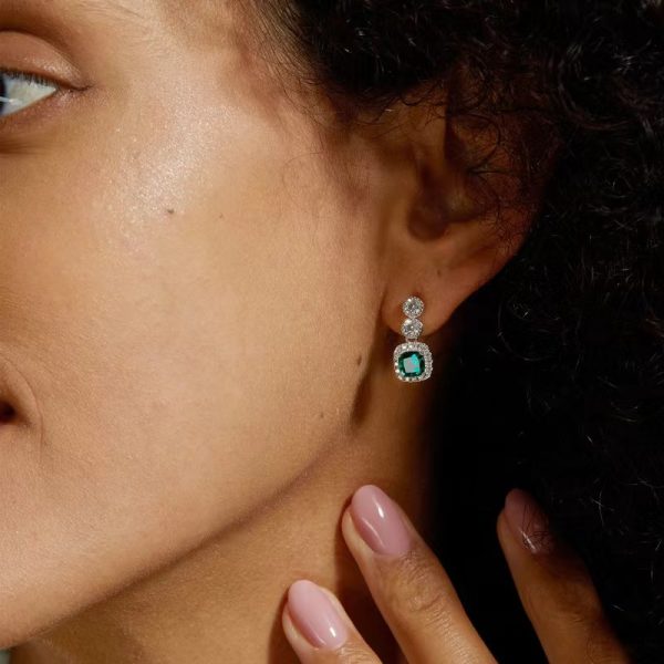 Prong Setting with Diamond Emerald Drop Earrings - Image 4