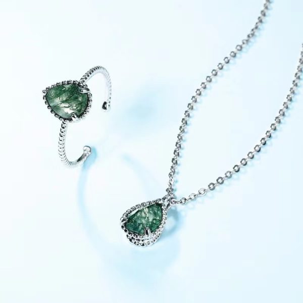 Love Heart Cut Sterling Silver Chain Moss Agate Pendant - Image 4