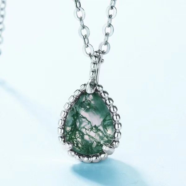 Love Heart Cut Sterling Silver Chain Moss Agate Pendant - Image 2