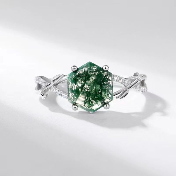 Hexagon Shaped Moss Agate Engagement Ring - Image 2