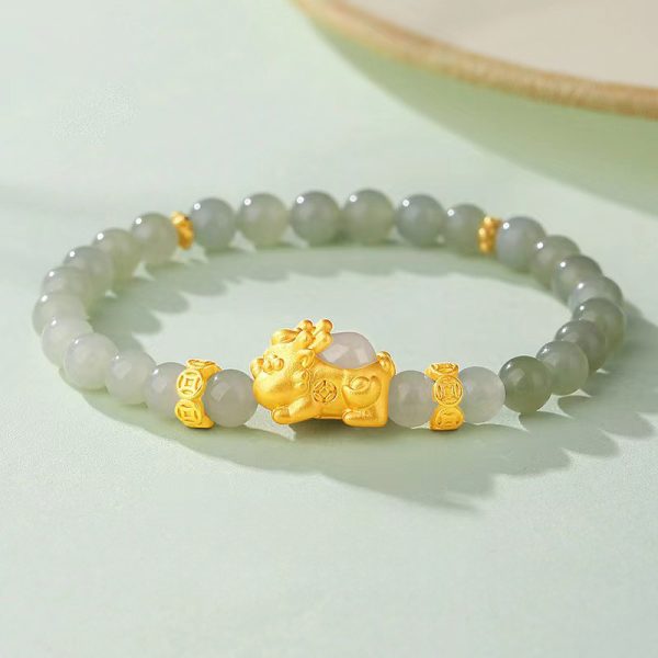 Real Jade Bracelet with Golden Pixiu for Wealth and Elegance - Image 3