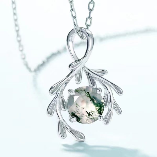 Silver Branch Design Moss Agate Pendant Necklace - Image 2
