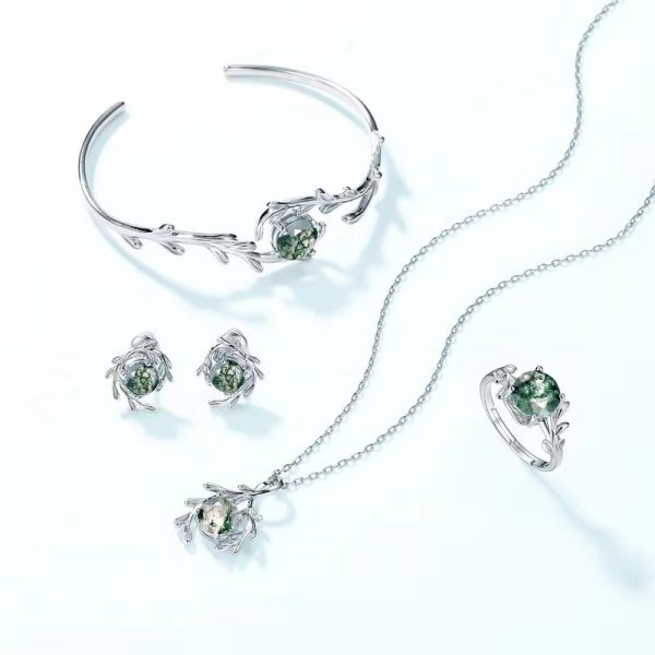 Silver Branch Design Moss Agate Pendant Necklace - Image 3