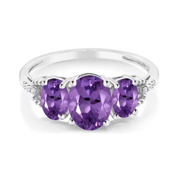 Elegant 3-Stone Amethyst Ring jewelry with Diamond Accents - Image 2
