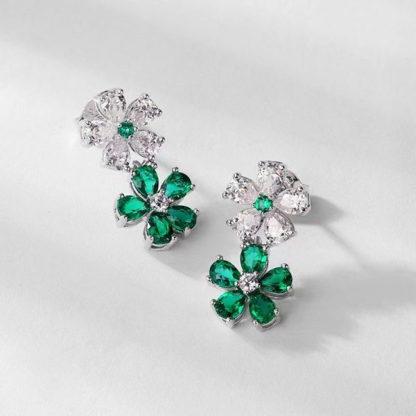 Elegant Floral Drop Earrings Emerald and Diamond - Image 3